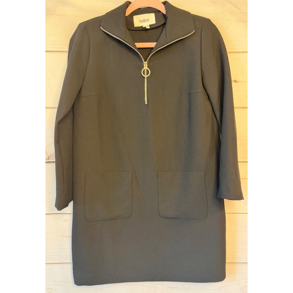 Ba&sh Lady Dress Black Quarter Zip Long Sleeve Shift Pocket Mini XS
